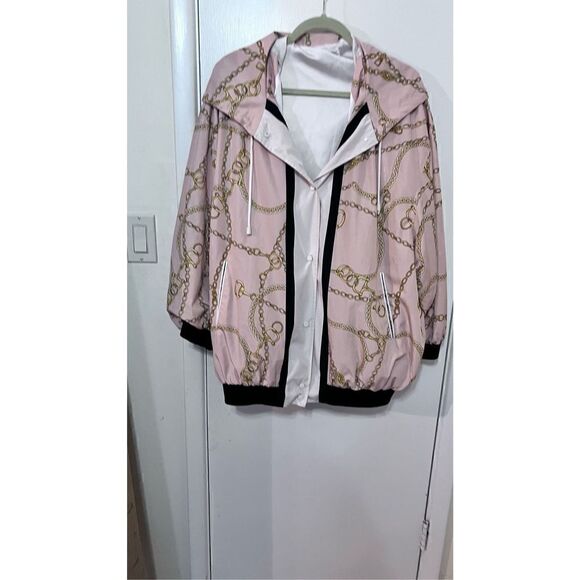 MNG MANGO WOMEN'S CHAIN PRINT STREET WEAR PREPPY HOODY JACKET LIGHT PINK SZ XL - Picture 2 of 10